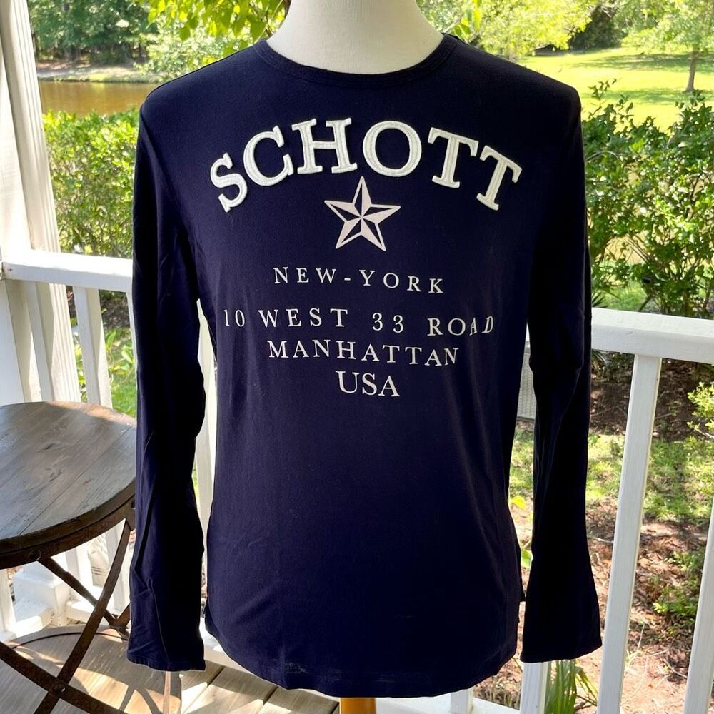 Schott Manhattan Stitched long Sleeve Crew Shirt. Navy Blue. Size XL